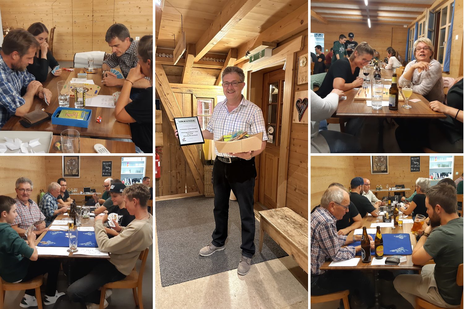 Fotocollage: Jassen und Spiele nach der Hauptversammlung, Ehrung von Ehrenpräsident Stefan Stillhart